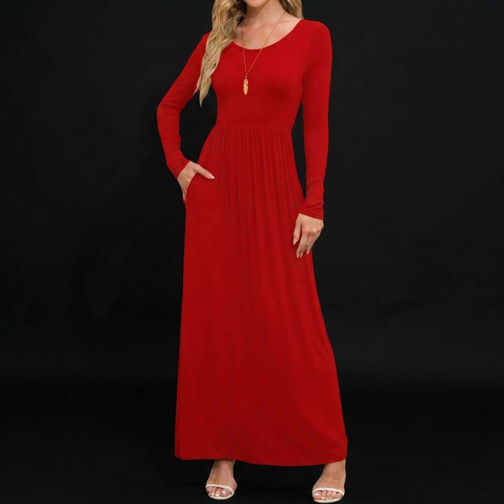 DEARCASE Women's Maxi Dress Long Sleeve Crewneck Empire Waist Long Dresses